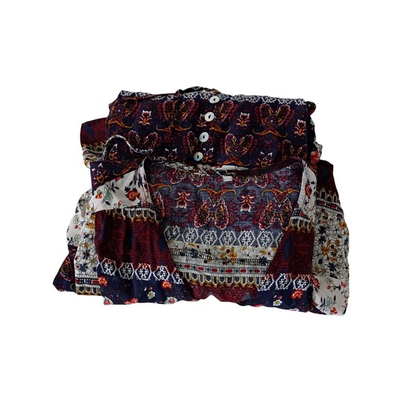 Boho Patchwork Maxi Dress‎ Floral Print Button Front V Neck 3/4 Sleeve - Picture 5 of 11